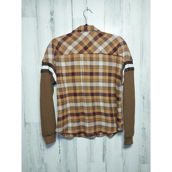 SO Flannel Knit COMBO Crop Top RETRO STYLE Brown PLAID Flap Pocket Womens Medium - Picture 7 of 9